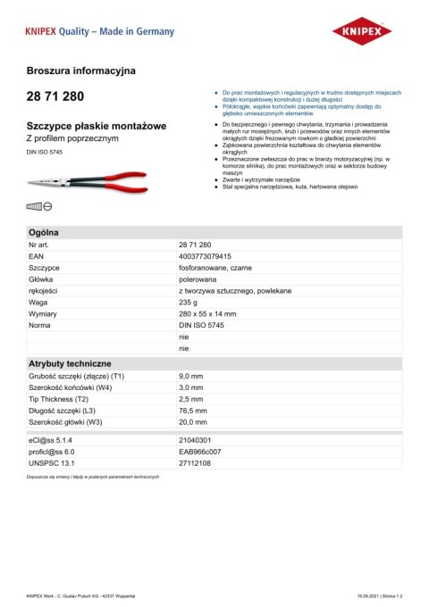 SZCZYPCE PŁASKIE MONTAŻOWE Z PROFILEM POPRZECZNYM WYG.280MM SZCZYPCE PŁASKIE MONTAŻOWE Z PROFILEM POPRZECZNYM WYG.280MM