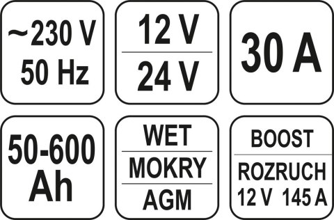 PROSTOWNIK ELEKTRONICZNY Z WSPOMAGANIEM ROZRUCHU 12/24V 30A YATO PROSTOWNIK ELEKTRONICZNY Z WSPOMAGANIEM ROZRUCHU 12/24V 30A YATO