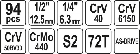 ZESTAW NARZĘDZIOWY 1/2'' 94 CZĘŚCI L YATO ZESTAW NARZĘDZIOWY 1/2'' 94 CZĘŚCI L YATO