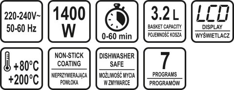 FRYTKOWNICA BEZTŁUSZCZOWA 1400W, 3.2L. PANEL LED LUND FRYTKOWNICA BEZTŁUSZCZOWA 1400W, 3.2L. PANEL LED LUND