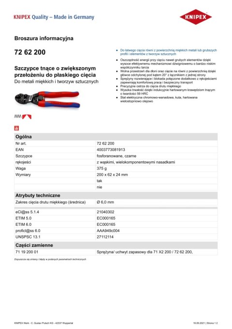 SZCZYPCE O ZWIĘKSZONYM PRZEŁOŻENIU DO CIĘCIA PŁASKIEG 200MM KNIPEX SZCZYPCE O ZWIĘKSZONYM PRZEŁOŻENIU DO CIĘCIA PŁASKIEG 200MM KNIPEX