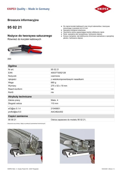 NOŻYCE DO TWORZYWA SZTUCZNEGO 110MM KNIPEX NOŻYCE DO TWORZYWA SZTUCZNEGO 110MM KNIPEX