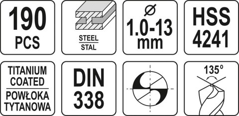 ZESTAW WIERTEŁ DO METALU 190SZT 1-13MM YATO ZESTAW WIERTEŁ DO METALU 190SZT 1-13MM YATO
