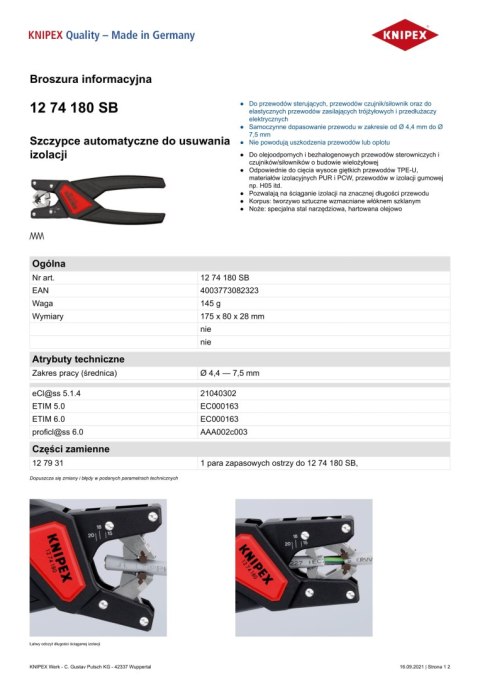 AUTOMATYCZNE SZCZYPCE DO ŚCIĄGANIA IZOLACJI KNIPEX AUTOMATYCZNE SZCZYPCE DO ŚCIĄGANIA IZOLACJI KNIPEX