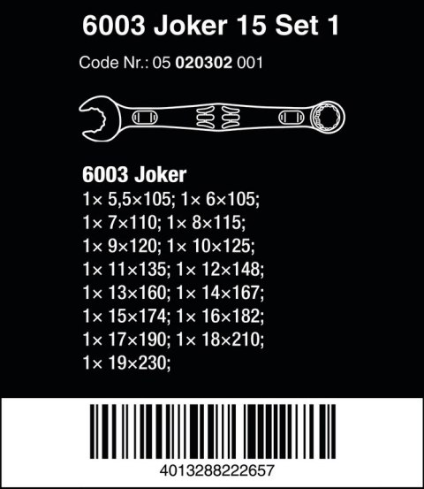 ZESTAW KLUCZY PŁASKO-OCZKOWYCH 6003 JOKER 15SZT. WERA ZESTAW KLUCZY PŁASKO-OCZKOWYCH 6003 JOKER 15SZT. WERA