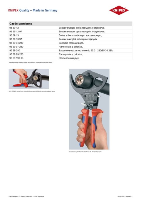 NOŻYCE DO KABLI 280MM, MECHANIZM ZAPADKOWY KNIPEX NOŻYCE DO KABLI 280MM, MECHANIZM ZAPADKOWY KNIPEX