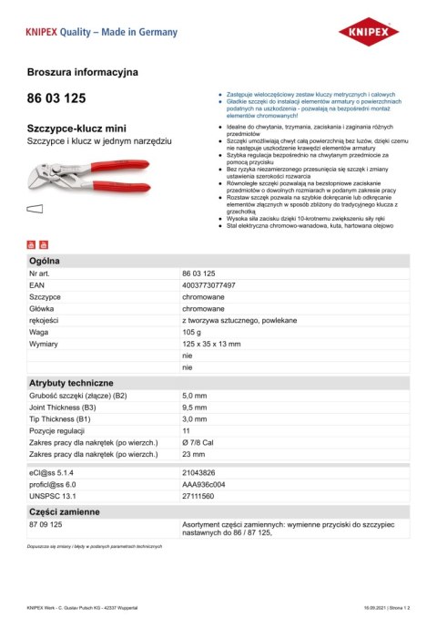 SZCZYPCE-KLUCZ MINI 125MM KNIPEX SZCZYPCE-KLUCZ MINI 125MM KNIPEX