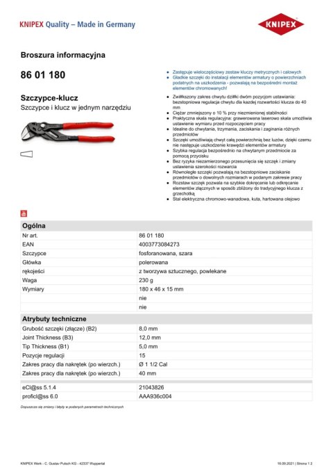 SZCZYPCE-KLUCZ OKSYDOWANE 180MM KNIPEX SZCZYPCE-KLUCZ OKSYDOWANE 180MM KNIPEX