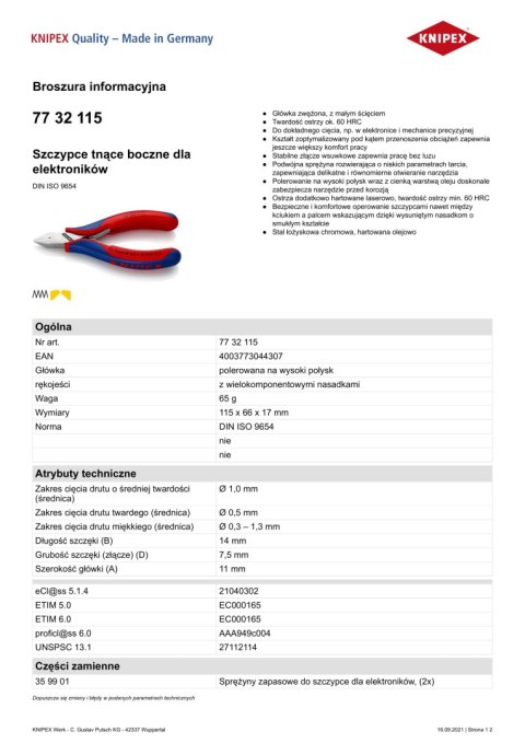 SZCZYPCE TNĄCE BOCZNE 115MM KNIPEX SZCZYPCE TNĄCE BOCZNE 115MM KNIPEX