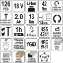 WIERTARKO- WKRĘTARKA BEZSZCZOTKOWA 18V Z AKCESORIAMI 126SZT YATO