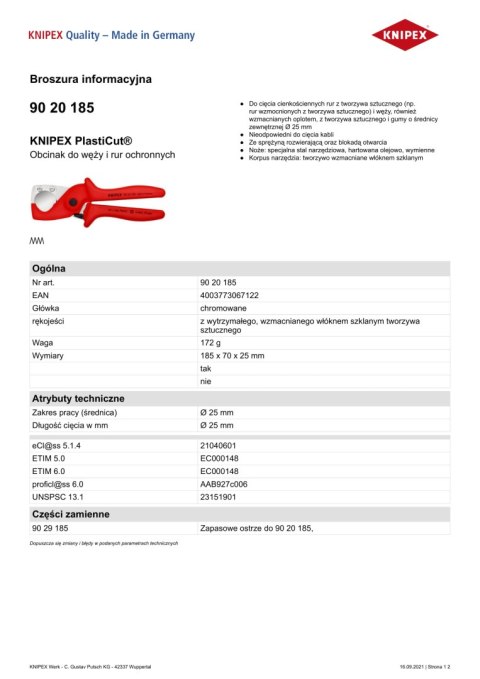 OBCINAK DO WĘŻY I RUR OCHRONNYCH 185MM, FI 25MM KNIPEX OBCINAK DO WĘŻY I RUR OCHRONNYCH 185MM, FI 25MM KNIPEX
