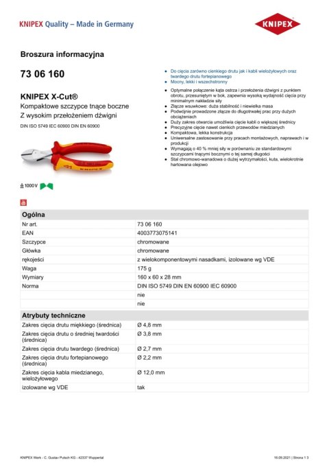SZCZYPCE TNĄCE BOCZNE X-CUT 160MM,WYSOKIE PRZEŁOŻENIE DŹWIGN KNIPEX SZCZYPCE TNĄCE BOCZNE X-CUT 160MM,WYSOKIE PRZEŁOŻENIE DŹWIGN KNIPEX