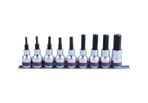 ZESTAW NASADEK Z KOŃCÓWKĄ HEX 1/2'' NA SZYNIE, 4-17MM, 9CZ. KING TONY ZESTAW NASADEK Z KOŃCÓWKĄ HEX 1/2'' NA SZYNIE, 4-17MM, 9CZ. KING TONY