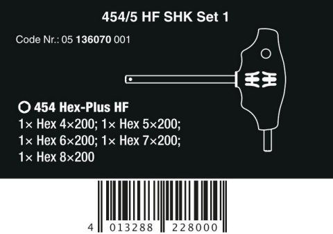 ZESTAW WKRĘTAKÓW PROFIL HEX PLUS W 454/5 HF SHK SET 1, 5CZ. WERA ZESTAW WKRĘTAKÓW PROFIL HEX PLUS W 454/5 HF SHK SET 1, 5CZ. WERA