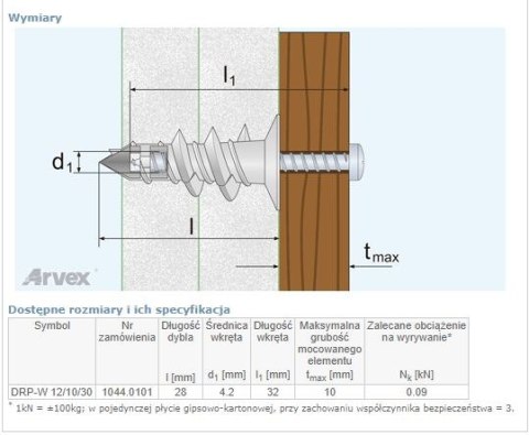 DYBEL DRIVA WKRĘT Z NACIĘCIEM KRZYŻOWYM DRP-W 12/10/30MM ARVEX DYBEL DRIVA WKRĘT Z NACIĘCIEM KRZYŻOWYM DRP-W 12/10/30MM ARVEX