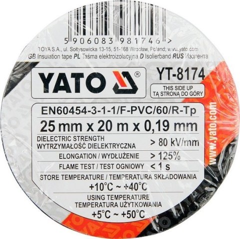 TAŚMA ELEKTROIZOLACYJNA CZARNA 25MM*20M YATO TAŚMA ELEKTROIZOLACYJNA CZARNA 25MM*20M YATO