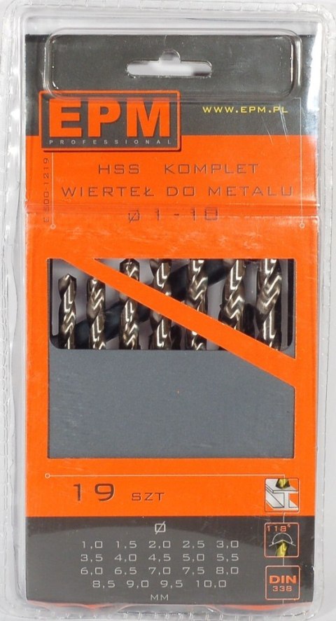 ZESTAW WIERTEŁ HSS DO METALU 1-10MM 19SZT. EPM ZESTAW WIERTEŁ HSS DO METALU 1-10MM 19SZT. EPM