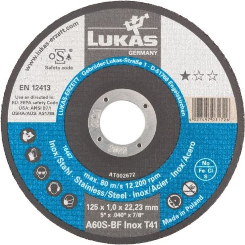TARCZA PŁASKA T1A 125*1.0*22 A60S-BF INOX PREMIUMFLEX ROTTLUFF TARCZA PŁASKA T1A 125*1.0*22 A60S-BF INOX PREMIUMFLEX ROTTLUFF