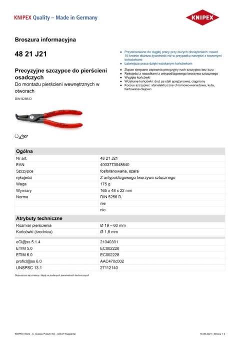 PRECYZYJNE SZCZYPCE DO PIERŚCIENI WEW.WYGIĘTE 165MM KNIPEX PRECYZYJNE SZCZYPCE DO PIERŚCIENI WEW.WYGIĘTE 165MM KNIPEX