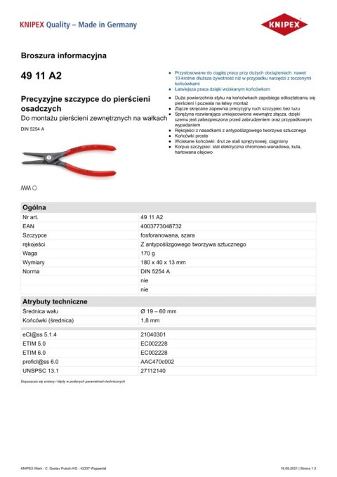 PRECYZYJNE SZCZYPCE DO PIERŚCIENI ZEW.PROSTE 180MM KNIPEX PRECYZYJNE SZCZYPCE DO PIERŚCIENI ZEW.PROSTE 180MM KNIPEX