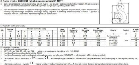 HAK SKRACAJĄCY Z UCHEM 7/8MM WLL 2T G8 EN1677-1 UN HAK SKRACAJĄCY Z UCHEM 7/8MM WLL 2T G8 EN1677-1 UN