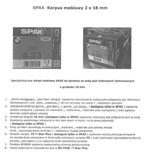 WKRĘT MEBLOWY DO ŁĄCZENIA PŁYT 4.0*33MM SPAX SPAX WKRĘT MEBLOWY DO ŁĄCZENIA PŁYT 4.0*33MM SPAX SPAX