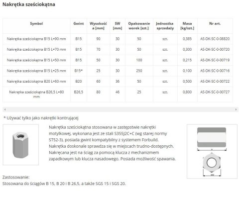 NAKRĘTKA SZEŚCIOKĄTNA SPAWALNA B15 L=50MM UN NAKRĘTKA SZEŚCIOKĄTNA SPAWALNA B15 L=50MM UN