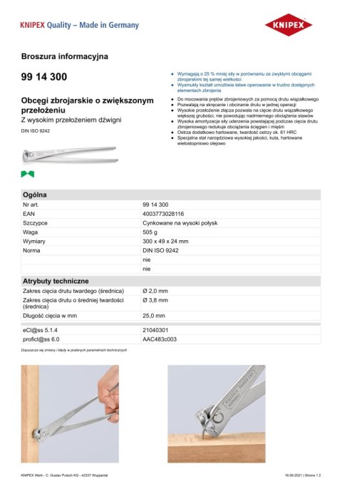OBCĘGI ZBROJARSKIE CYNKOWANE O ZWIĘKSZONYM PRZEŁOŻENIU 300MM KNIPEX OBCĘGI ZBROJARSKIE CYNKOWANE O ZWIĘKSZONYM PRZEŁOŻENIU 300MM KNIPEX