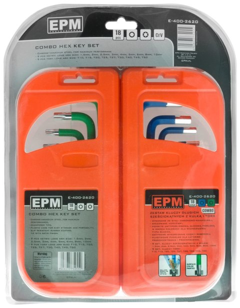 KOMPLET KLUCZY TRZPIENIOWYCH HEX I TORX DŁUGIE 18 SZTUK EPM KOMPLET KLUCZY TRZPIENIOWYCH HEX I TORX DŁUGIE 18 SZTUK EPM