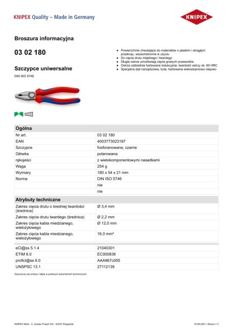 SZCZYPCE UNIWERSALNE PVC 180MM KNIPEX SZCZYPCE UNIWERSALNE PVC 180MM KNIPEX