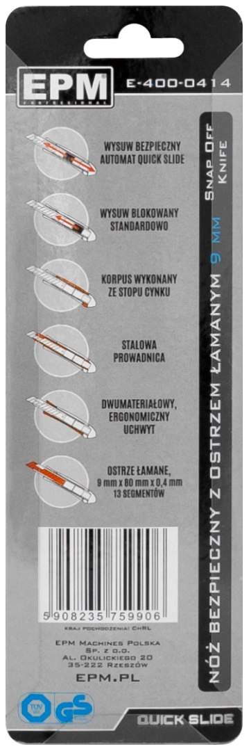 NÓŻ, NOŻYK Z OSTRZEM ŁAMANYM ALUMINIOWY BEZPIECZNY 9MM EPM NÓŻ, NOŻYK Z OSTRZEM ŁAMANYM ALUMINIOWY BEZPIECZNY 9MM EPM