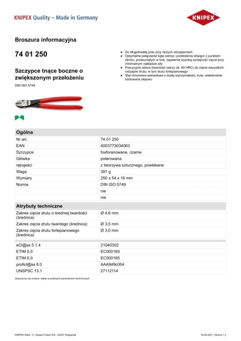 SZCZYPCE TNĄCE BOCZNE O ZWIĘKSZONYM PRZEŁOŻENIU 250MM KNIPEX SZCZYPCE TNĄCE BOCZNE O ZWIĘKSZONYM PRZEŁOŻENIU 250MM KNIPEX