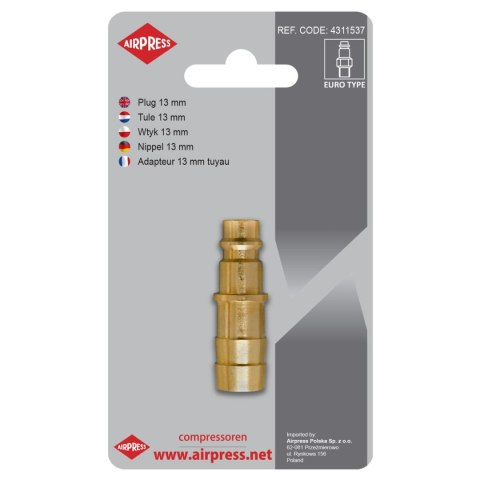 WTYK SZYBKOZŁĄCZKI Z WYJŚCIEM NA WĄŻ 13 MM AIRPRESS WTYK SZYBKOZŁĄCZKI Z WYJŚCIEM NA WĄŻ 13 MM AIRPRESS