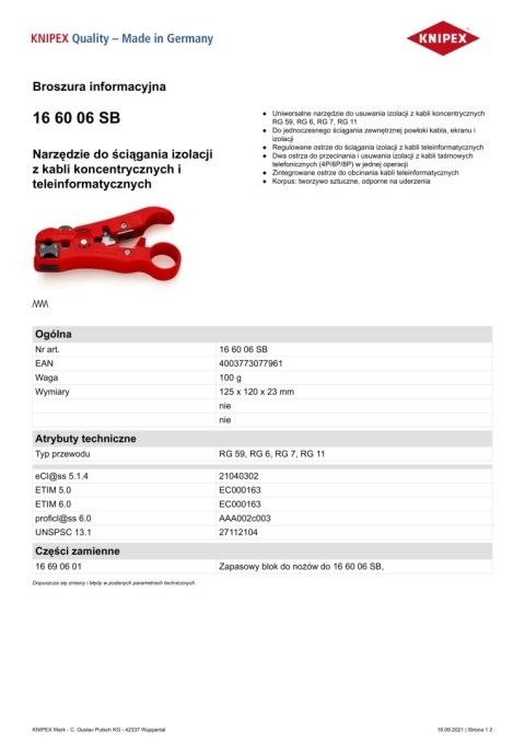 ŚCIĄGACZ IZOLACJI Z KABLI KONCENTRYCZNYCH I TELEINFORMATYCZN KNIPEX ŚCIĄGACZ IZOLACJI Z KABLI KONCENTRYCZNYCH I TELEINFORMATYCZN KNIPEX