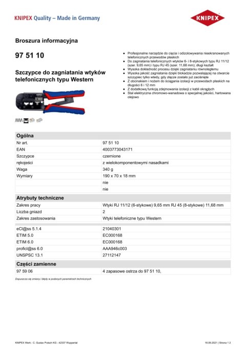 SZCZYPCE DO ZAGNIATANIA WTYKÓW TELEFONICZNYCH TYPU WESTERN KNIPEX SZCZYPCE DO ZAGNIATANIA WTYKÓW TELEFONICZNYCH TYPU WESTERN KNIPEX