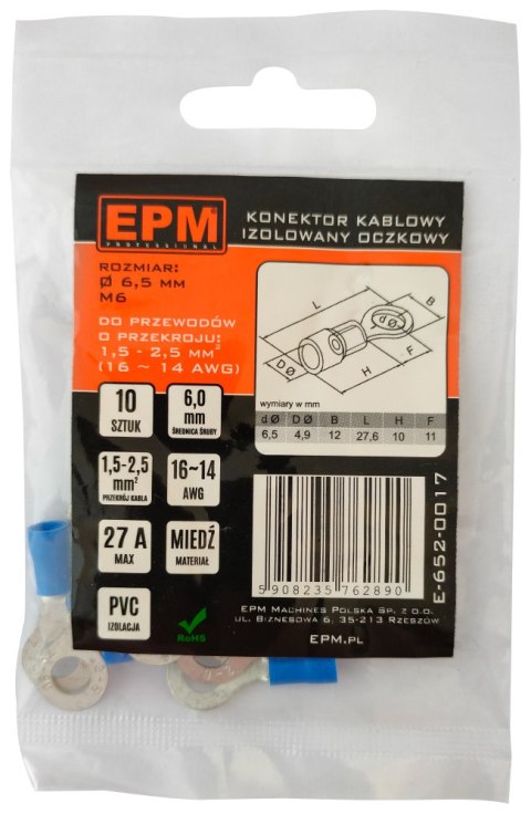 KOŃCÓWKA OCZKOWA IZOLOWANA 1.5-2.5MM 2/6MM 10 SZTUK EPM KOŃCÓWKA OCZKOWA IZOLOWANA 1.5-2.5MM 2/6MM 10 SZTUK EPM