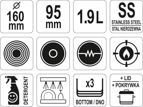 RONDEL Z POKRYWKĄ ZE STALI NIERDZEWNEJ 16X9,5CM 1.9L. YATO GASTRO RONDEL Z POKRYWKĄ ZE STALI NIERDZEWNEJ 16X9,5CM 1.9L. YATO GASTRO