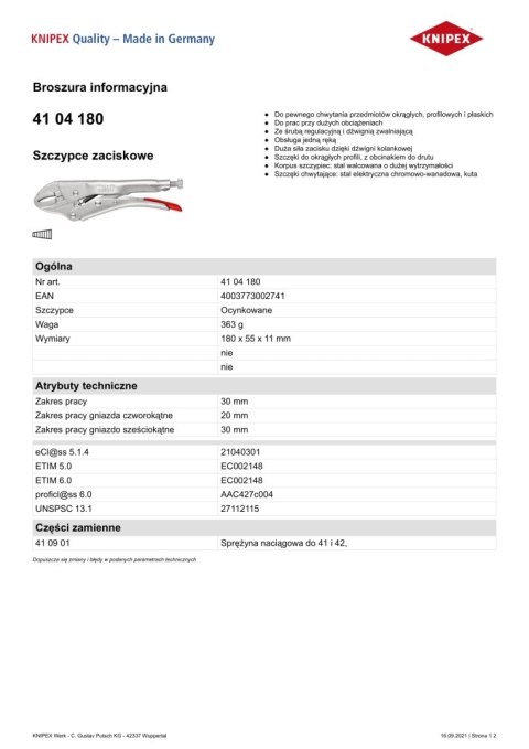 SZCZYPCE ZACISKOWE UNIWERSALNE 180MM KNIPEX SZCZYPCE ZACISKOWE UNIWERSALNE 180MM KNIPEX