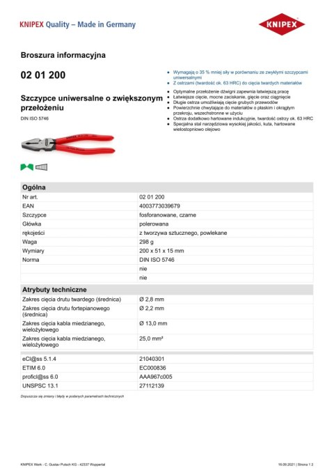 SZCZYPCE UNIWERSALNE 200MM O ZWIĘKSZONYM PRZEŁOŻENIU KNIPEX SZCZYPCE UNIWERSALNE 200MM O ZWIĘKSZONYM PRZEŁOŻENIU KNIPEX