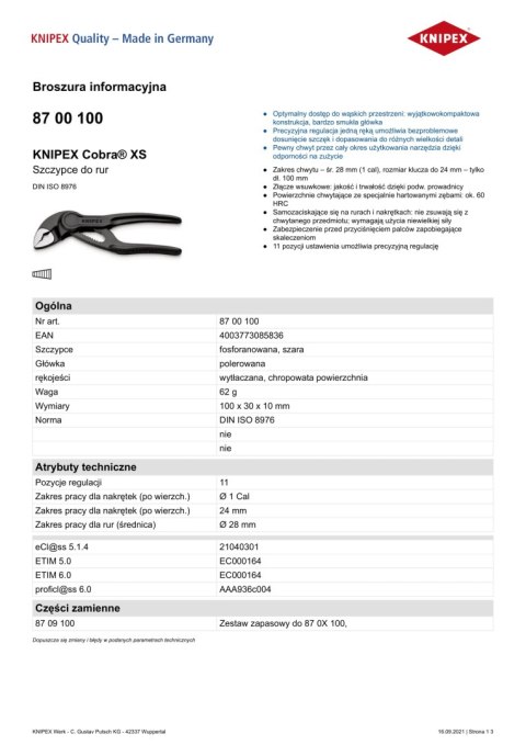 SZCZYPCE DO RUR COBRA 100MM KNIPEX SZCZYPCE DO RUR COBRA 100MM KNIPEX
