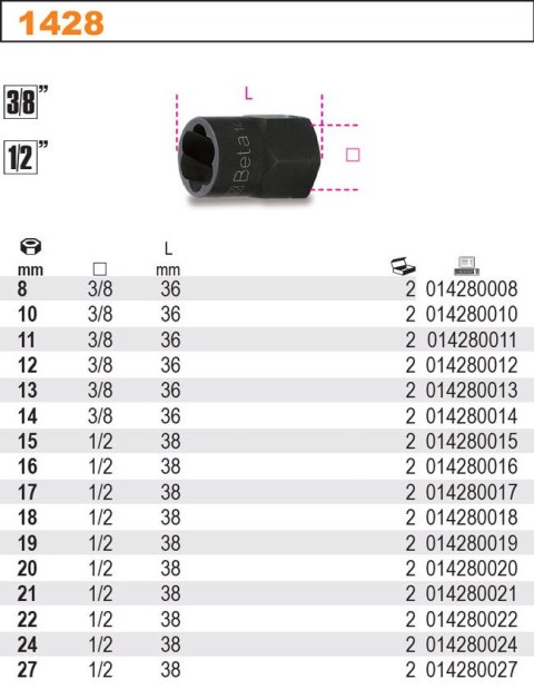 NASADKA 1/2''DO ODKRĘCANIA USZKODZONYCH NAKRĘTEK 17MM BETA NASADKA 1/2''DO ODKRĘCANIA USZKODZONYCH NAKRĘTEK 17MM BETA