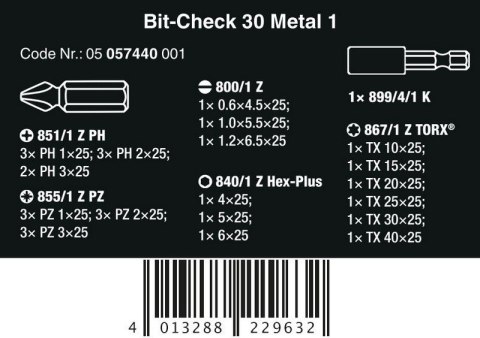 ZESTAW BITÓW BIT-CHECK 30 METAL 1 SB, 30 CZ. WERA ZESTAW BITÓW BIT-CHECK 30 METAL 1 SB, 30 CZ. WERA
