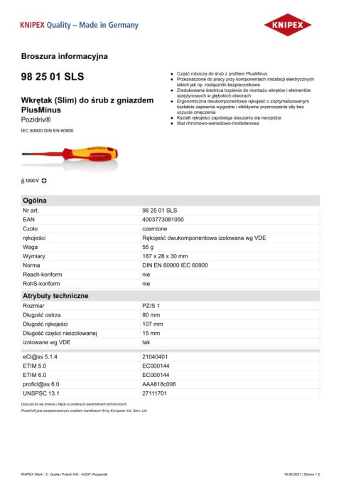 WKRĘTAK POZIDRIV SLIM IZOLACJĄ 100 MM PZ2 KNIPEX WKRĘTAK POZIDRIV SLIM IZOLACJĄ 100 MM PZ2 KNIPEX